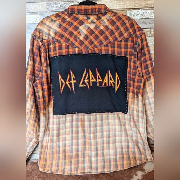 Def Leppard Upcycled Dip Dye Bleach Flannel Shirt - Picture 2 of 15